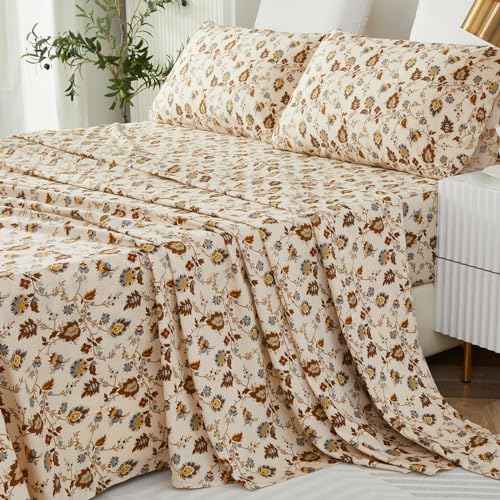Helthep Floral Sheet Set Cal King, 100% Cotton Khaki Floral Printed Bed Sheets Patterned Sheets with 17.5" Deep Pocket, 4Pcs Khaki Botanical Vintage Flower Sheet for Cal King Size Bed
