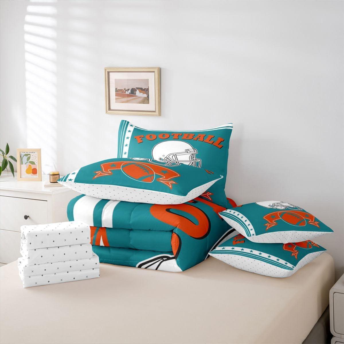 Erosebridal Queen Size Gridiron Seasonal Comforter Set Football City Bed Set Dolphin Bedding Sets for Sports Fans, 1 Comforter, 1 Flat Sheet 1 Fitted Sheet 2 Pillowcases 2 Throw Pillow Covers - Image 7