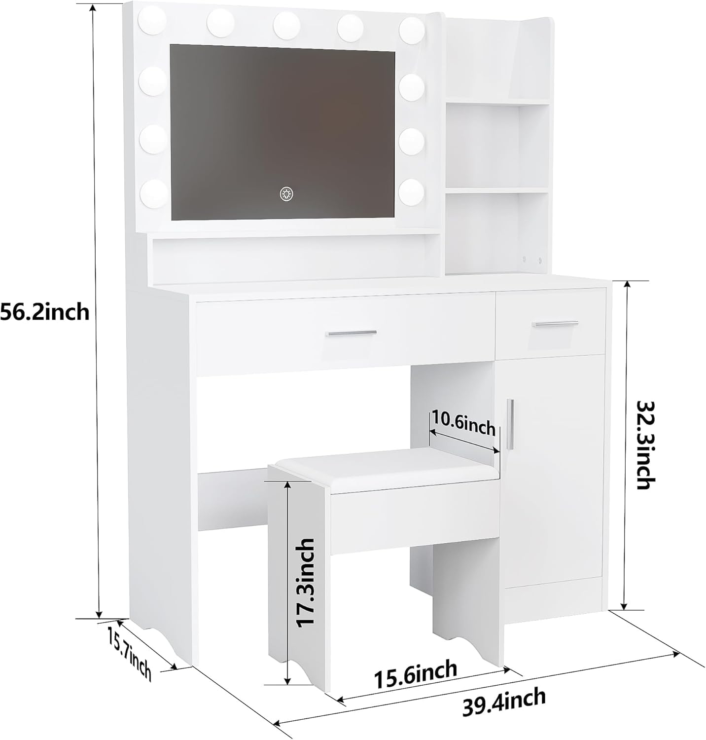 Schminktisch, Schminktisch mit 3-farbigem LED-Spiegel & Einstellbarer Helligkeit, 2 große Schubladen, großer Schrank, 4 offene Ablagen, extra breiter Schreibtisch, gepolsterter