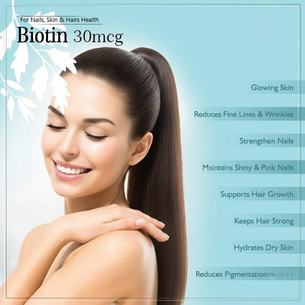 Bio.tin 30mcg, Suppl.ement for H.air Growth, Strong Hair and Glowing Skin, Fights Nail Brittleness 90 Tablets