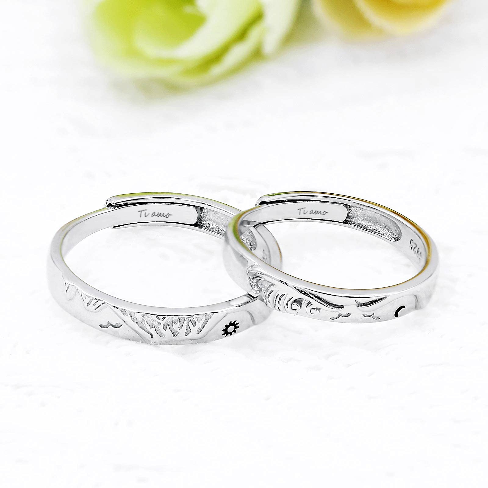 Anillos Compromiso Pareja, Joya Plata 925, Anillo Ajustable Simple Anillo Pareja Sol y Luna de Montaña y Mar, Alianzas Boda Regalo Aniversario Pareja