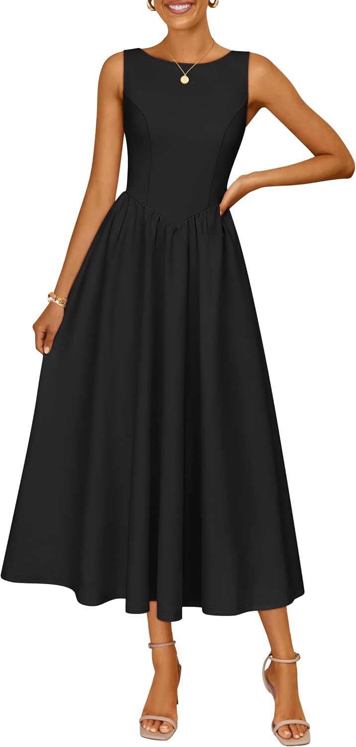 ZESICA Women’s Summer Elegant Sleeveless Midi Dresses 2026 Wedding Guest Cocktail Party Crewnenck Flowy A Line Long Dress