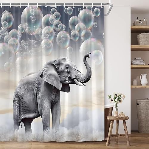 Miniatura 1 de BCNEW Cortina de ducha floral de elefante, vida silvestre, granja, campestre, rural, flores rosas, hojas verdes, cortina de baño de animales, 70 x