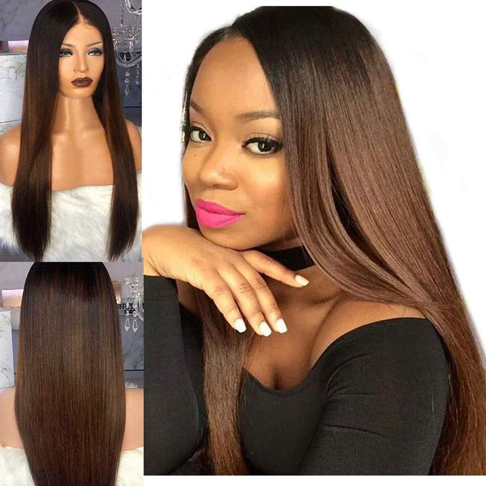 Silky Straight 1b/4 Ombre Color Brazilian Human Hair Wigs for Black Women Glueless Lace Front Wigs Two Tone Ombre Color (14 Inch, Ombre Color 1b/4)
