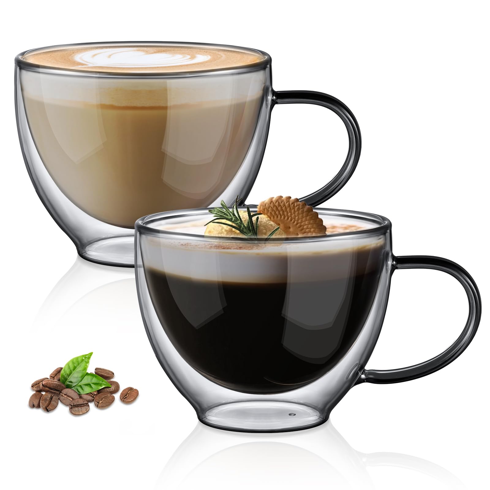 ecooe 2x350ml Unique Black Double Walled Coffee Glasses Mugs Cappuccino Latte Macchiato Glasses Cups with Handle Borosilicate Heat Resistant Glass Cups for Coffee Tea Milk Juice Ice Cream