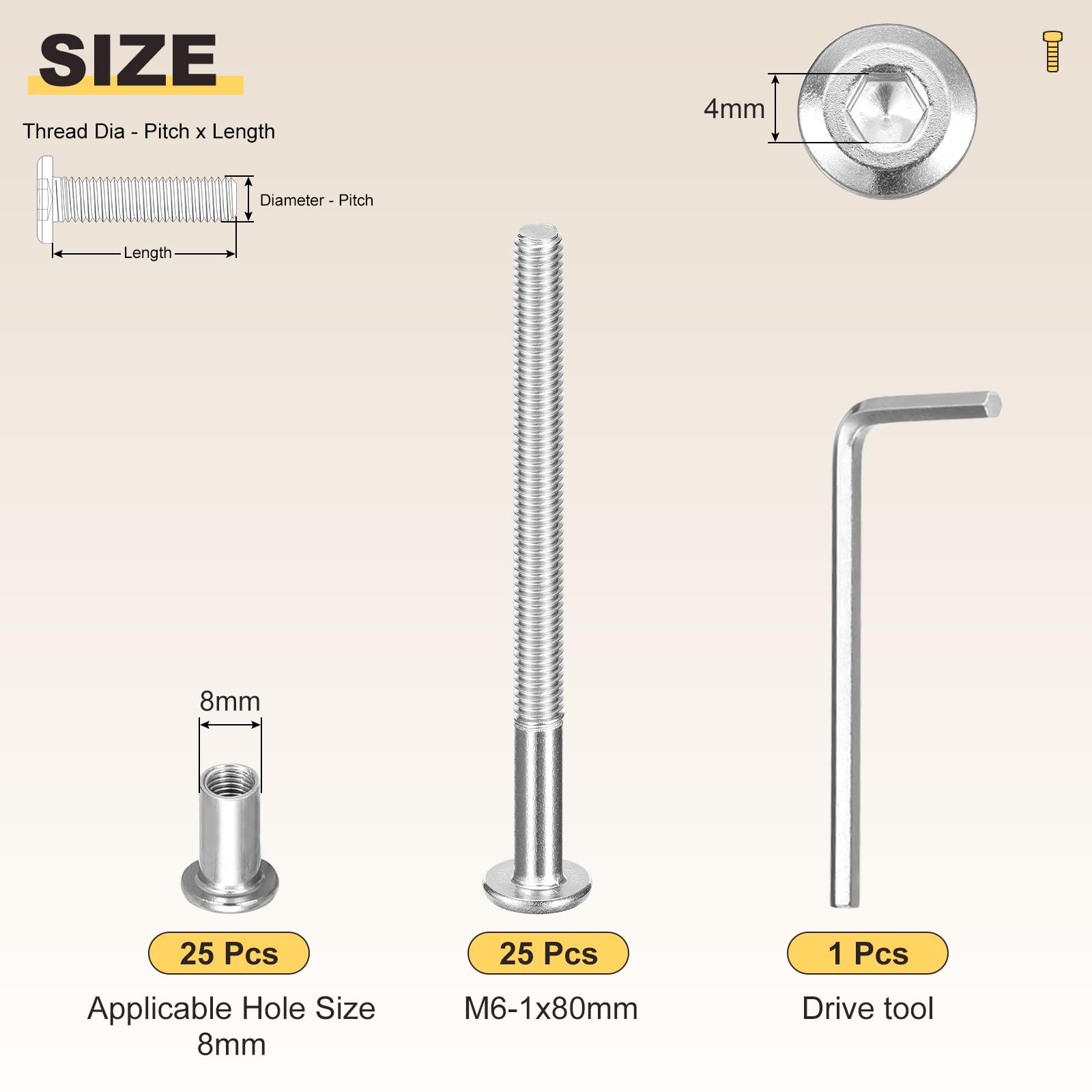 METALLIXITY Furniture Connector Bolt Cap Nut Kit with Wrench(M6-1x80mm) 50Pcs - Image 2