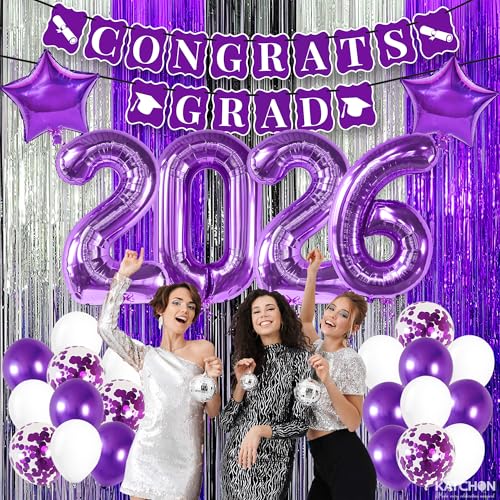 Image of KatchOn, Purple Graduation Decorations 2026 - Pack of 31 | 40 Inch, Purple 2026 Balloons, Congrats Grad Banner for Graduation Decorations Class of 2026 | Grad Decoration