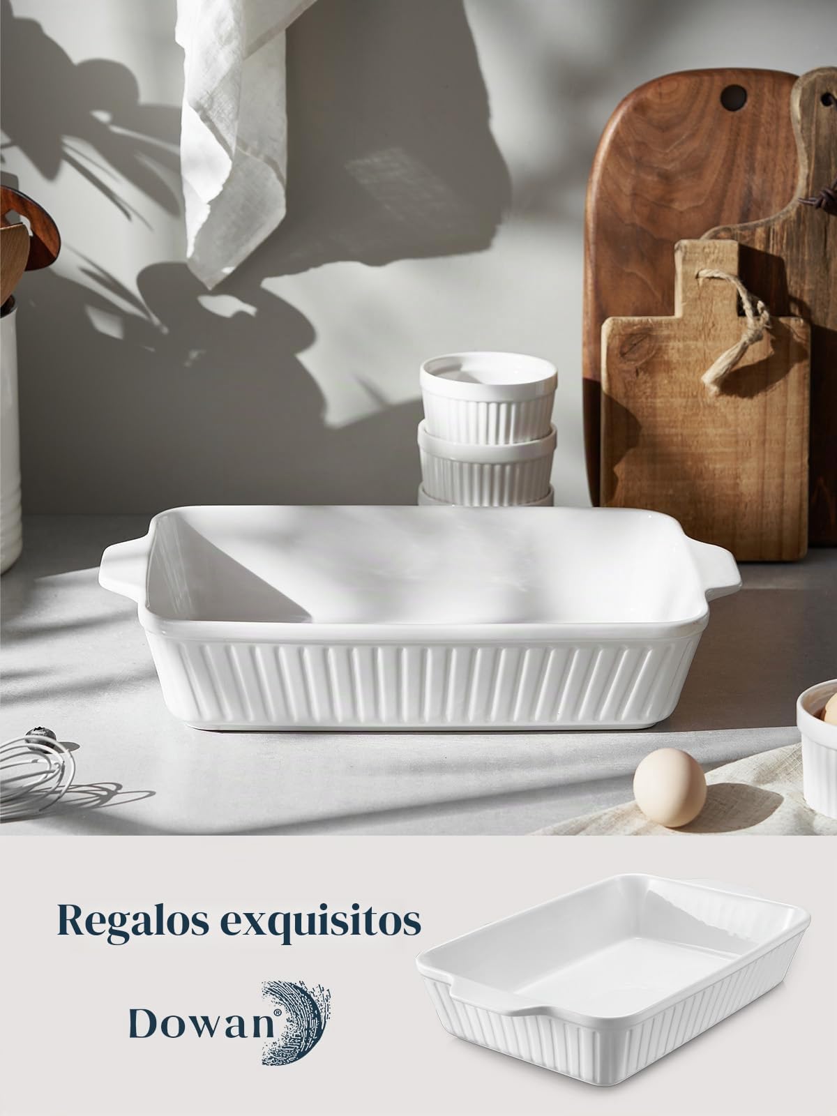 DOWAN Cazuela, 9x13 Plato de Cerámica para Hornear, Molde Grande para Lasaña, 4.2 Cuartos con Asas, Apto para Horno y Duradero para Lasaña, Regalo de Boda, Blanco