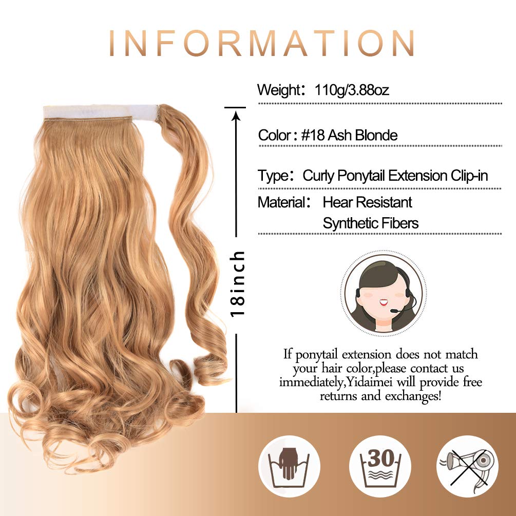 Curly Wave Ponytail Extension Clip in - 18 Inch Long Curly Wrap Around Pony Tail Heat Resistant Synthetic Hairpiece for Women (Ash Blonde #18)