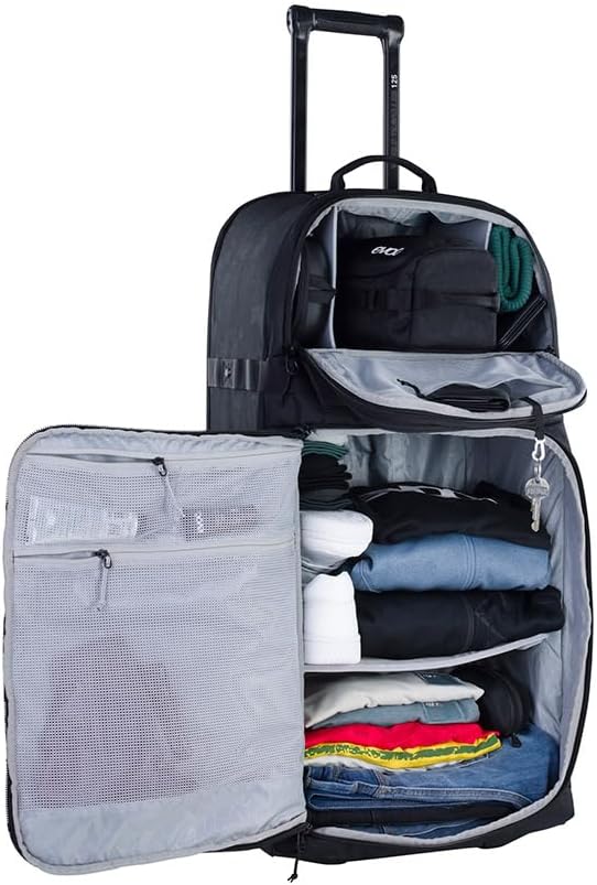 EVOC World Traveller 125L Waterproof Travel Bag with EVA Bottom, Telescopic Handle & Organizers - Durable Polyester, Black