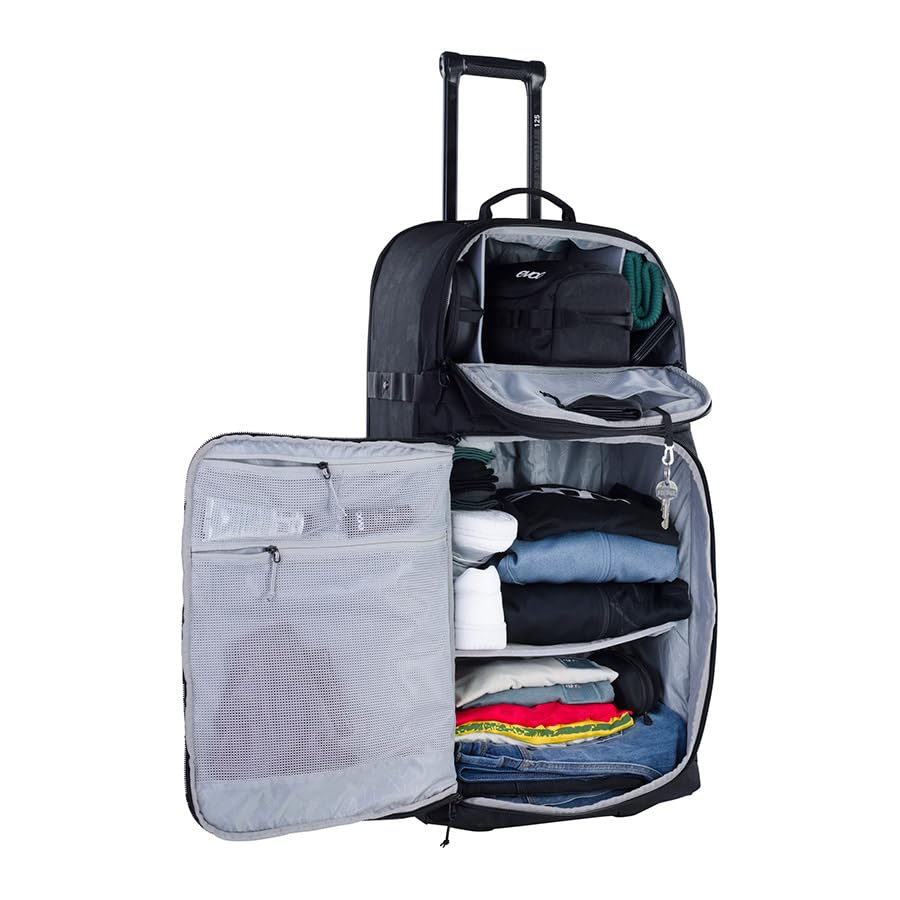 EVOC WORLD TRAVELLER 125 l Walizka podróżna na kółkach (walizka podróżna z teleskopową rączką, wymiennymi kółkami skate, stabilną konstrukcją dna z EVA, wyjątkowo lekka walizka na kółkach), czarna