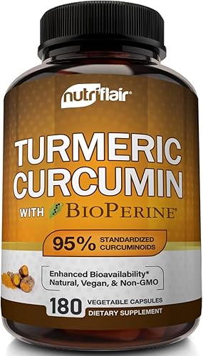 NutriFlair Curcumina de cúrcuma, 180 cápsulas - 1300 mg más extracto de pimienta negra BioPerine, 95% curcuminoides estandarizados, mejor soporte