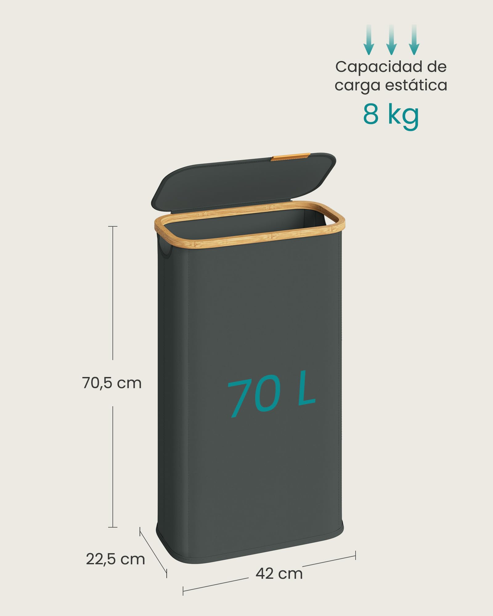 SONGMICS Cesto de Ropa con Tapa, Recogedor de Colada Estrecho, Tejido de Oxford, Plegable, Marco de Bambú, Lavadero, Dormitorio y Salón, 70 L, 42 x 22,5 x 70,5 cm, Gris Pizarra LCB517GN01 — view 6