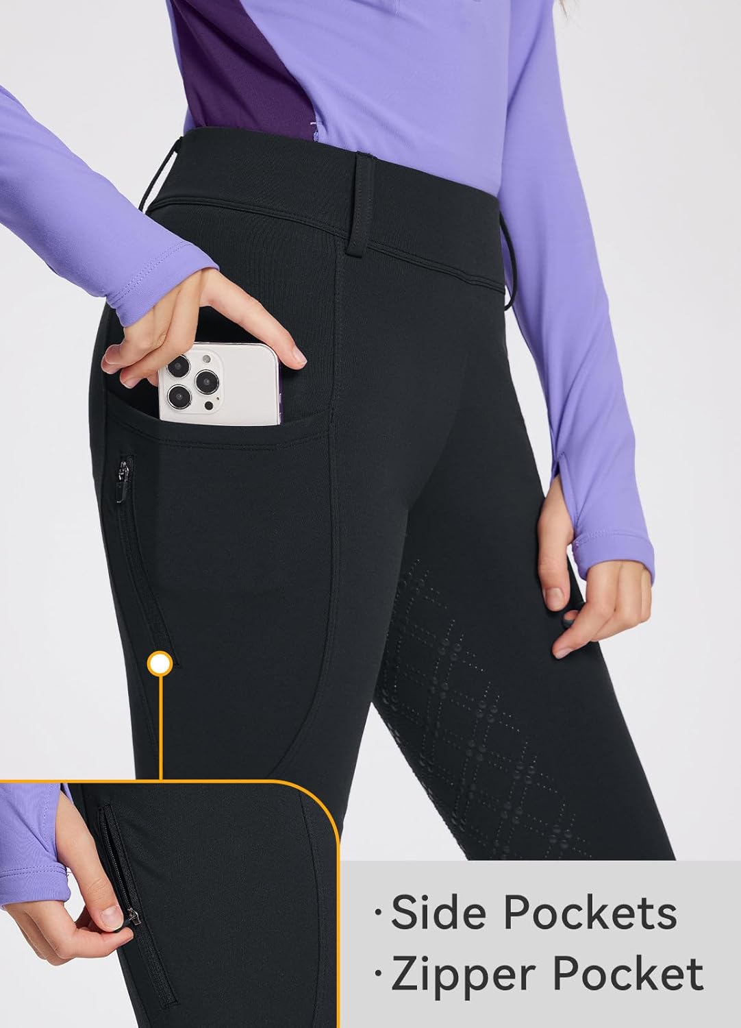 baleaf Girls Riding Pants, Fleece Winter Breeches Full Seat Silicone Kids Horseback Equestrian Zipper Pocket Tight - Image 4
