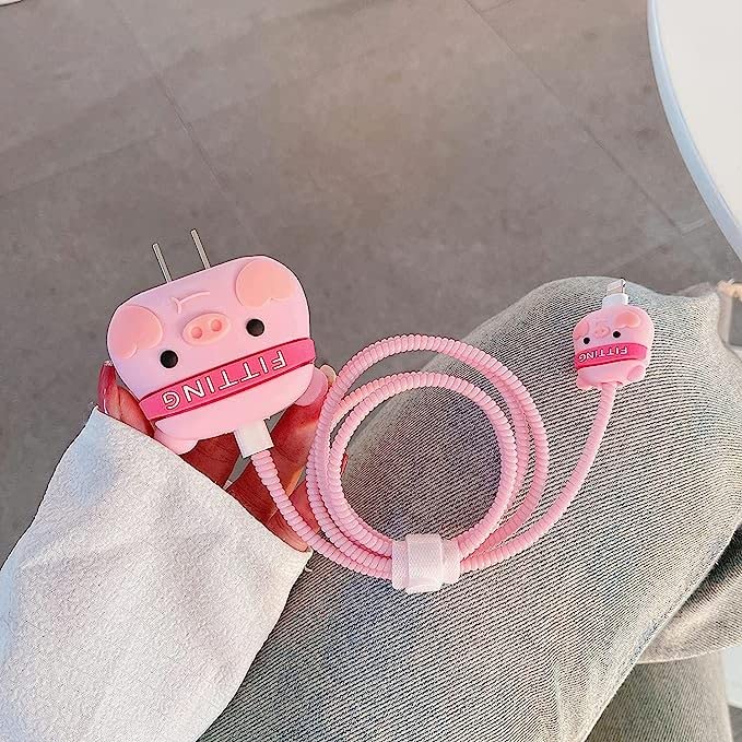 Image of Cartoon 3D Design Protective Case for 18W 20W iPhone 14 13 12 11 Pro Max Fast Charging Cable Adapter Charger, Cute Cartoon Lightning Data Cable Case for iPhone Charger DIMPLED