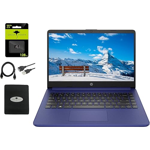 2021 HP 14" HD Laptop Thin and Light, Intel Celeron N4020 (Up tp 2.8GHz), 4GB RAM, 64GB eMMC, 1 Year Office 365, Webcam, HDMI, WiFi, Google Classroom or Zoom Compatible,w/128GB SD Card, Accessories