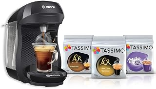 coffee machine Tassimo HAPPY (black) + 3 packs of T-Discs offered. Compact automatic with optical bar code reader