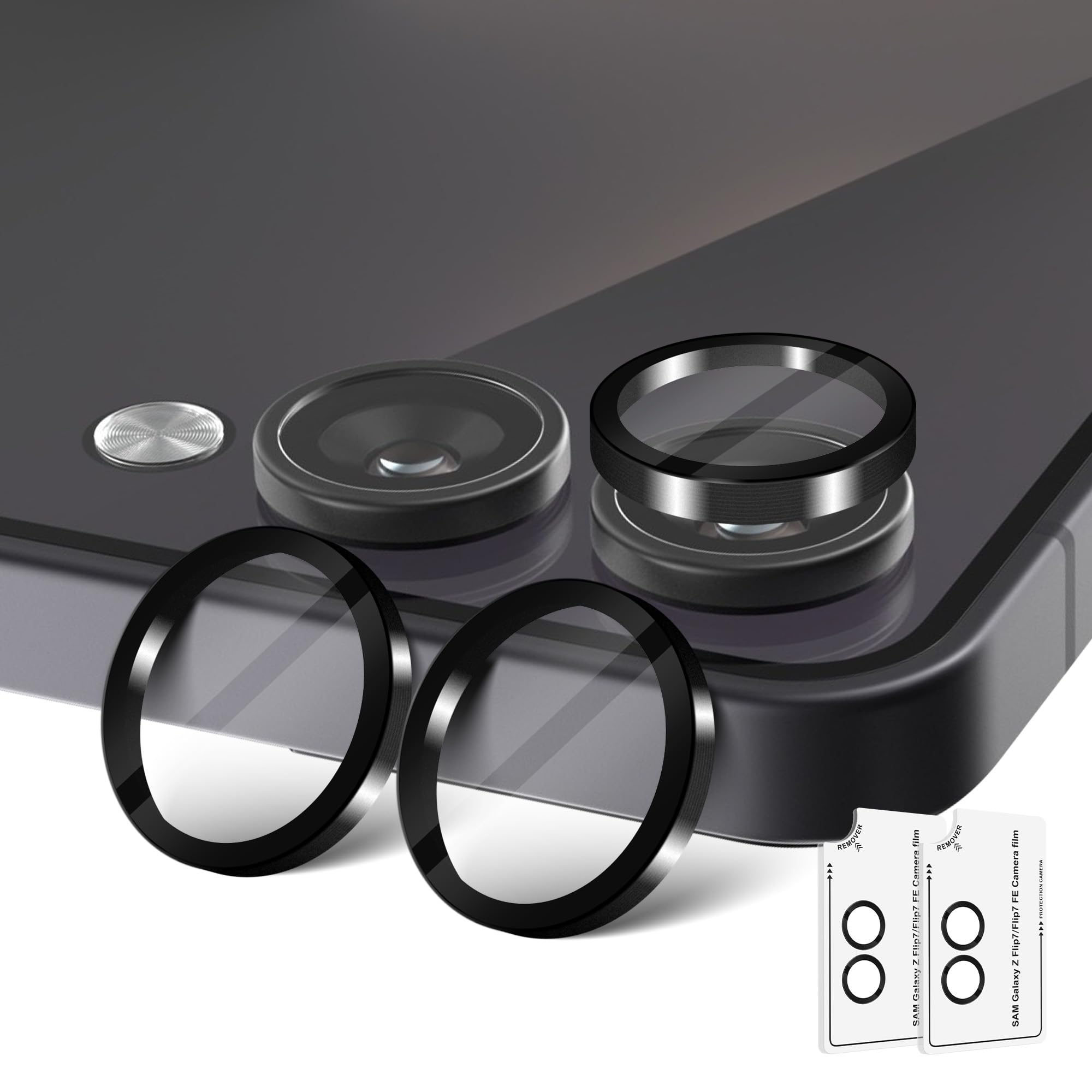 Photo 1 of (2 Sets) Orzero Camera Lens Protector for Samsung Galaxy Z Flip 7/7 FE, [EZ Install] [Case-Friendly] 9H Tempered Glass Alloy Metal Ring Lens Cover, Military-Grade Shockproof, HD Clarity Anti-Glare (Black)