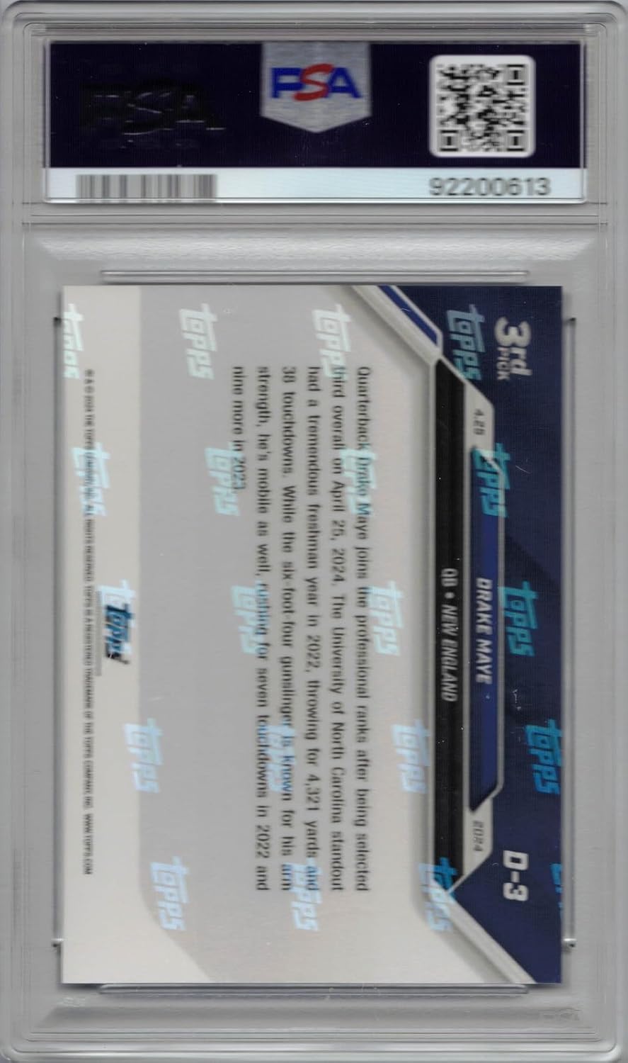 2024 Topps Now Football #D-3 Drake Maye Rookie Card Graded PSA 10 Gem Mint