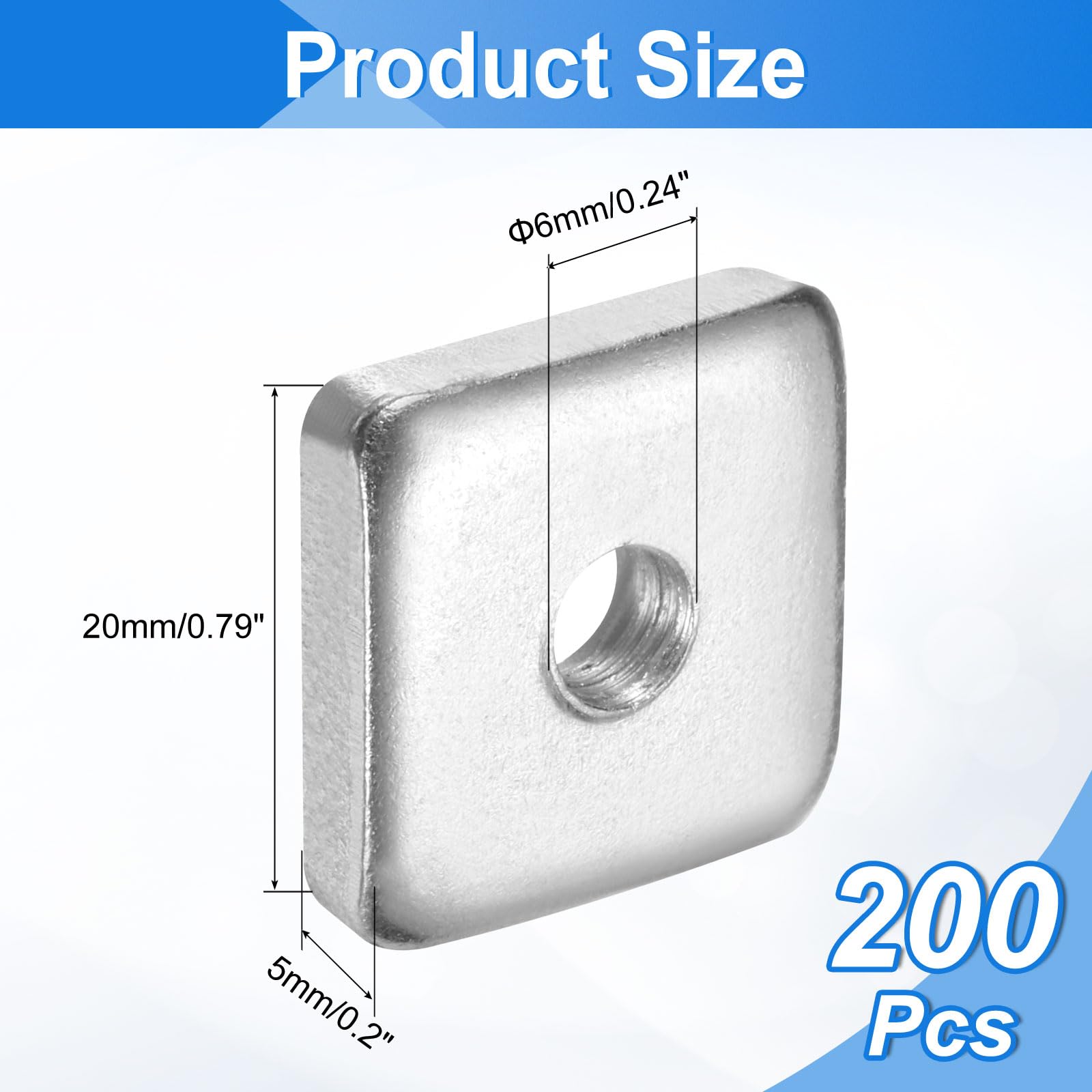 uxcell 200 tuercas cuadradas M6 x 20 mm x 5 mm, acero al carbono, chapado en zinc, tuercas cuadradas de rosca gruesa para reparaciones del hogar e ingeniería profesional, color plateado
