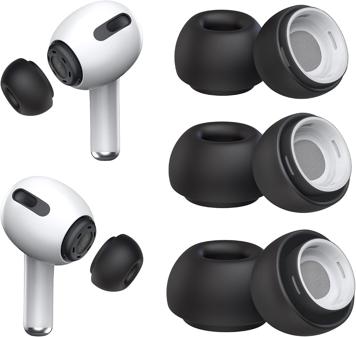 3 pares de almohadillas de repuesto para AirPods Pro 2.º y 1.º (S/M/L, negro) | con orificio de reducción de ruido, almohadillas de silicona con caja de almacenamiento portátil, caben en el estuche de carga