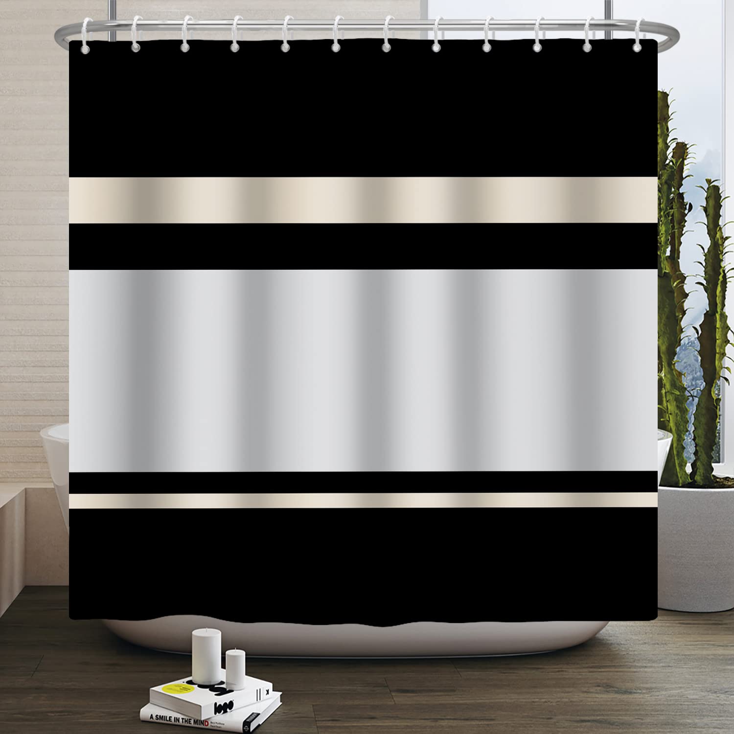 SDOTPMT 180x243cm Black and White Striped Shower Curtain Classic Color Matching Simple Fashion Bath Curtain Retro Bohemian Style Bathtub Curtain for Bathroom Decor Fabric Polyester with Hooks