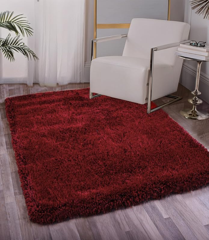 Image of FIASCO Round Shaggy Carpet Plain Fur Rugs Home and Office Sqaure Microfiber 2 Inch Pile Height Back in Canvas Modern Interior Mats 3X3 Feet Red Black Mix