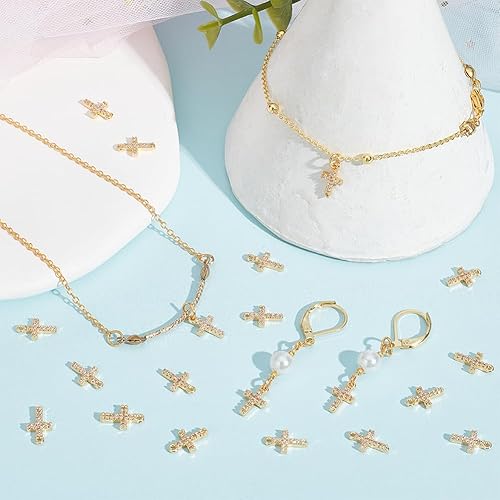 Miniatura 5 de NBEADS 20 dijes de cruz de circonita cúbica, chapado en oro de 18 quilates, dije de cruz de metal chapado en oro real de 18 quilates, colgante de