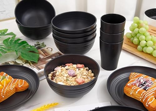 Miniatura 6 de Supernal Juego de vajilla de paja de trigo negro de 32 piezas con 25 servilletas de lino, platos y cuencos para 8, juegos de vajilla de plástico