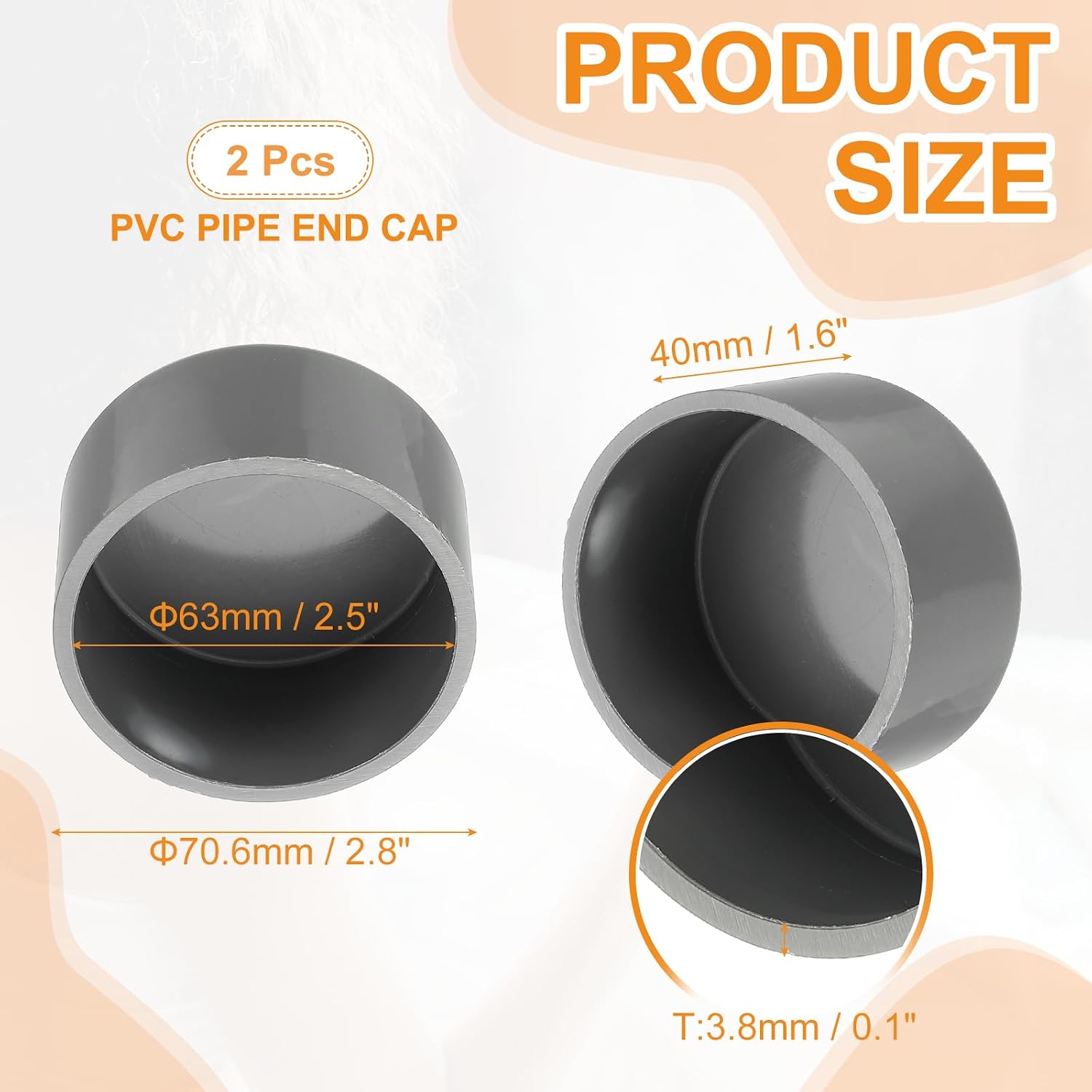 PATIKIL PVC Pipe End Caps, 2 Pack 2.5 Diameter Pipe Cover Cap Plug Adapter Socket Fittings for Build DIY Furniture Garden Shelf Water Line, Grey