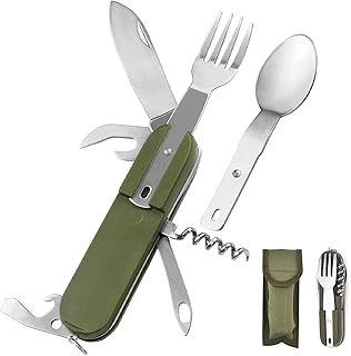 Couverts Camping 7 en 1 en Acier Inox – Kit Pliable Multifonction avec Étui Ceinture, Ustensiles de Survie pour Randonnée, Pique-nique, Voyage (Vert Militaire)