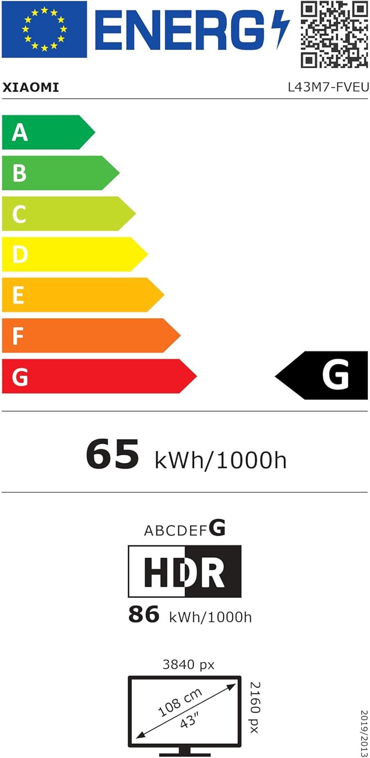 EU Energy Label for XIAOMI L43M7-FVEU TV, showing G energy class and power consumption