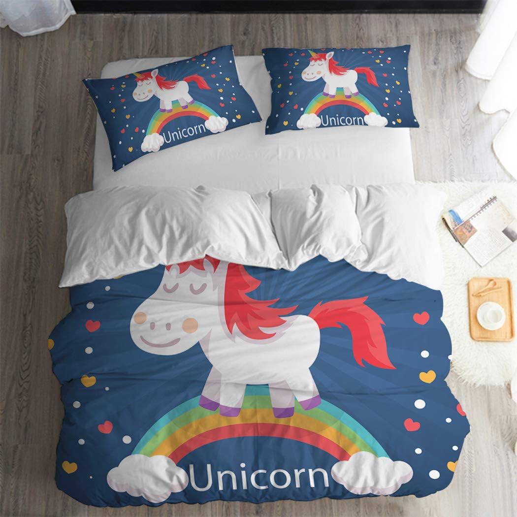 Jessy Home Unicorn Bedding Boys Girls Duvet Cover Full Size Kids Cute Printed Quilt Cover Girls Bed Set Cartoon Bedding Children Animal Unicorn Duvet Cover+2 Pillowcases Rainbow Unicorn Royal Blue