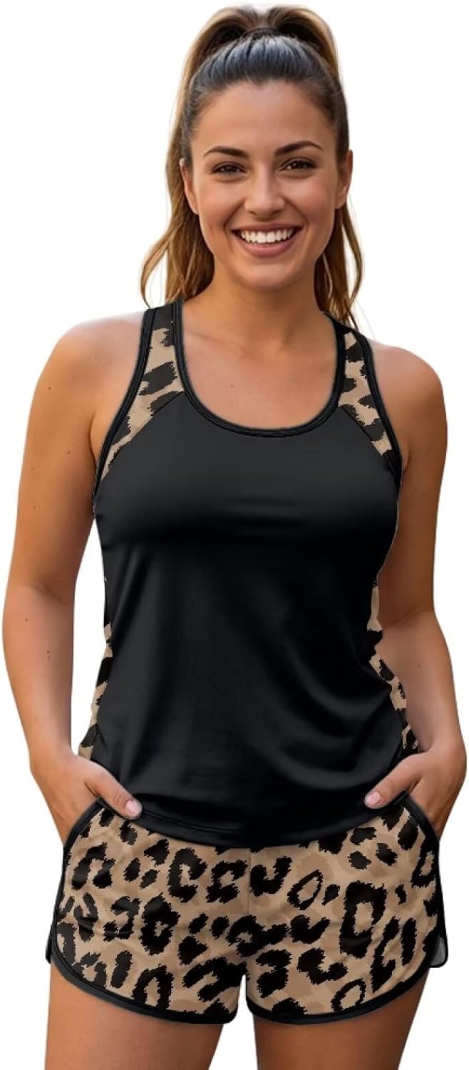 Ystardream Summer Tankini Swimsuits for Women 2 Piece Bthing Suits with Sporty Pockets Swim Shorts Plus Size Comfort