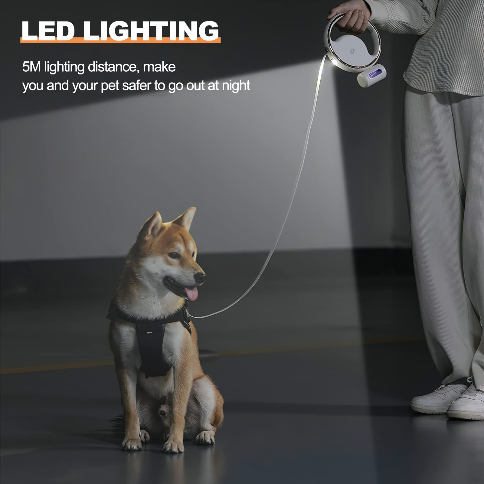 Galatée Laisse pour Chien Rétractable, Laisse Extensible De 3 m avec Lampe De Poche LED, Laisse pour Chien sans Enchevêtrement à 360° avec Distributeur De Sacs Poubelle(Blanc)