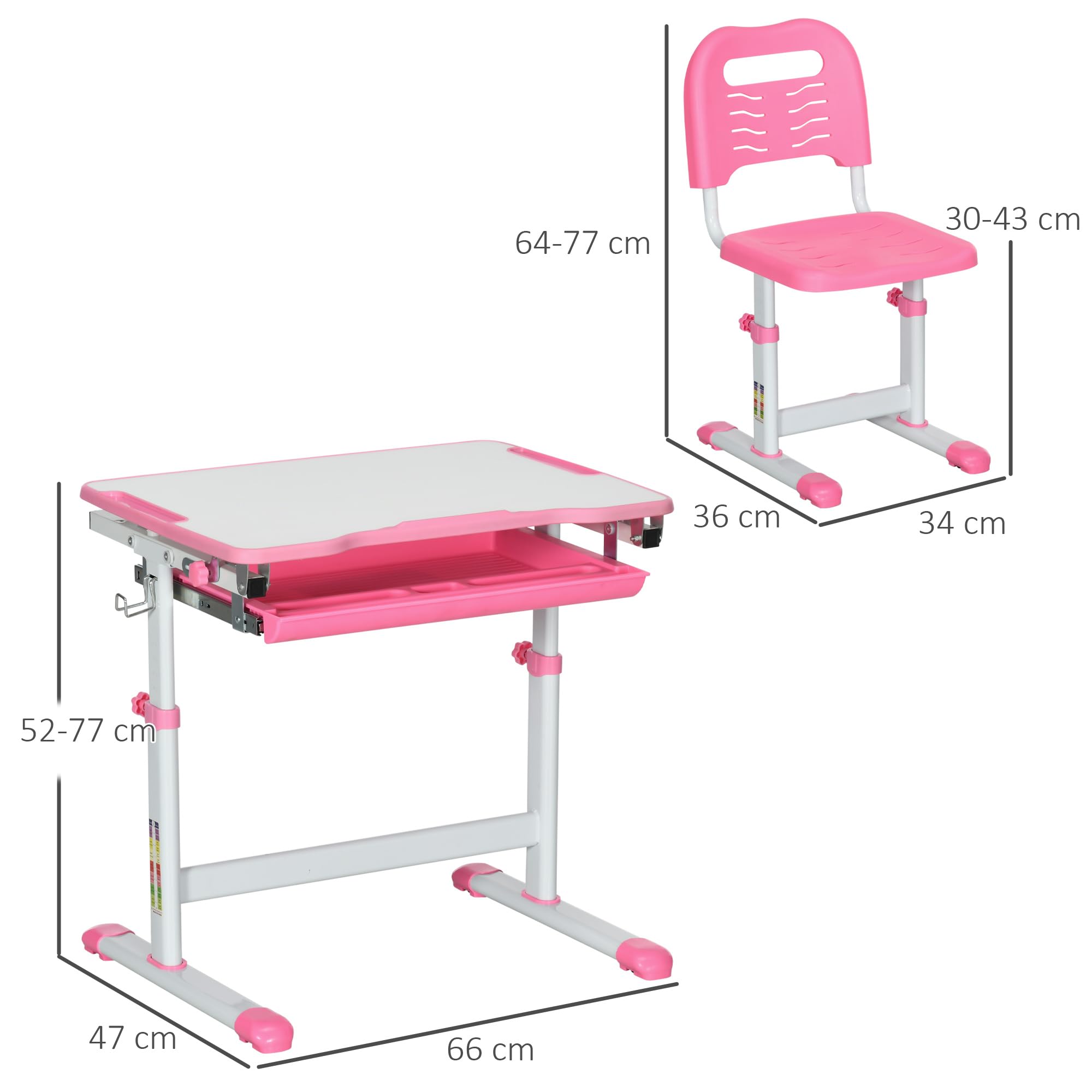 HOMCOM Banco Scuola per Bambini 6-12 Anni Regolabili in Altezza, Set Scrivania e Sedia per Bambini con Piano Inclinabile 45°, Cassetto, 2 Portapenne e Gancio, Rosa