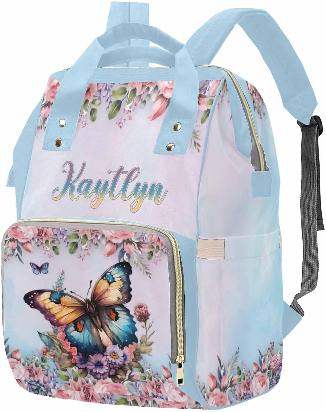 Newcos Customized Mommy Bag with Name Custom Butterfly Blue orangizer Nursing Mommy Daypack with Multi Pockets Personalized Nylon Waterproof Backpack for Women Mom