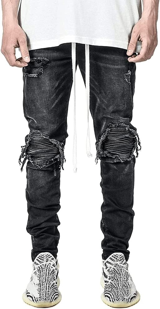 IDEALSANXUN Mens Ripped Stretch Jeans Casual Slim Fit Distressed Plaid Pattern Skinny Biker Jeans - Image 2