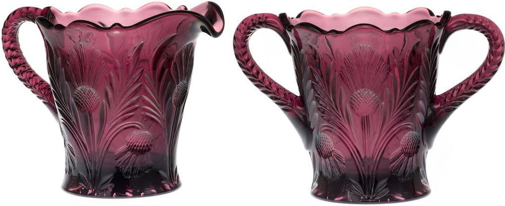 Creamer & Sugar Bowl Set - Inverted Thistle - American Made - Mosser Glass USA (Passion Pink)