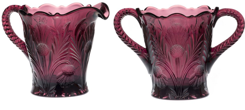Creamer & Sugar Bowl Set - Inverted Thistle - American Made - Mosser Glass USA (Amethyst)