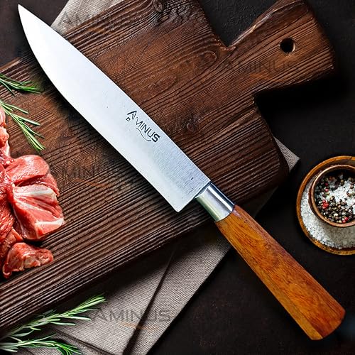 Image of AMINUS Brand - Handmade Premium High Carbon Steel 8.5 inch Blade Chef's Knife, Silver (Wooden Handle)