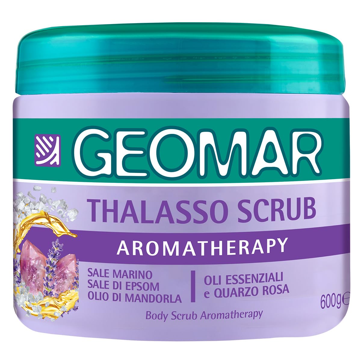 GEOMAR | Thalasso Scrub Corpo Aromatherapy, Made in Italy, 600 g | Con Sale Marino del Mar Morto e Sale di Epsom, Quarzo Rosa, Arricchita con Estratti Botanici (Timo e Mirto)