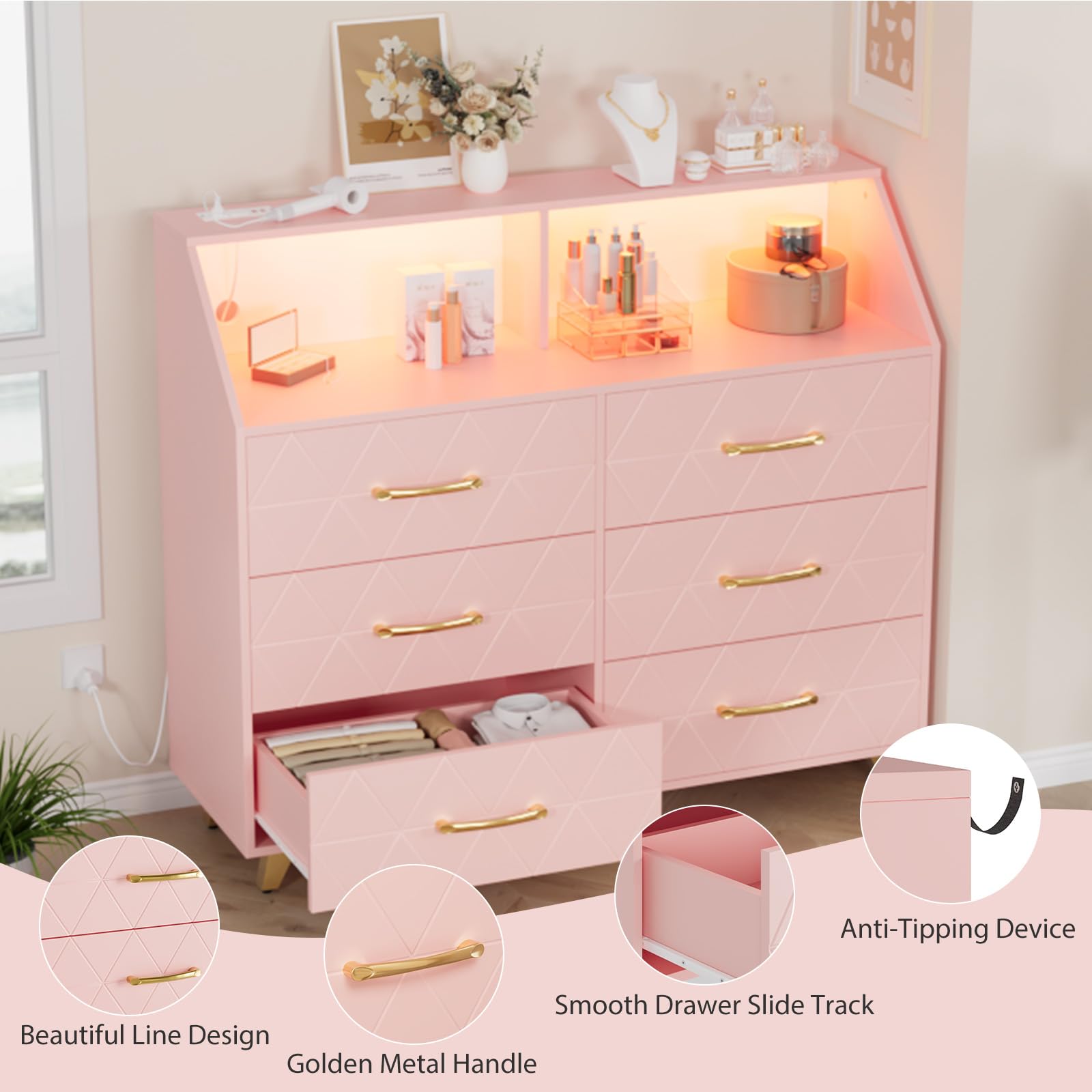 IDEALHOUSE Kommode mit 6 Schubladen (47 Zoll) & LED-Beleuchtung, mit integrierter Ladestation (Steckdosen/USB) - Holz-Schubladenschrank mit Ablagefach & 5 Metallfüßen - modern - Farbe: Pink