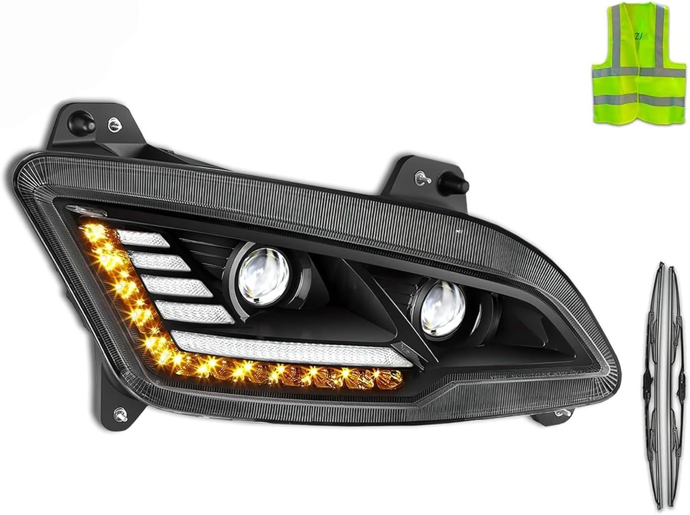 KOZAK LED Performance Black Headlight Assemblies Compatible with Peterbilt 579 2022 2023+, Passenger Right Side, Includes Logo, 2x 22 Windshield Wipers, and Reflective Vest