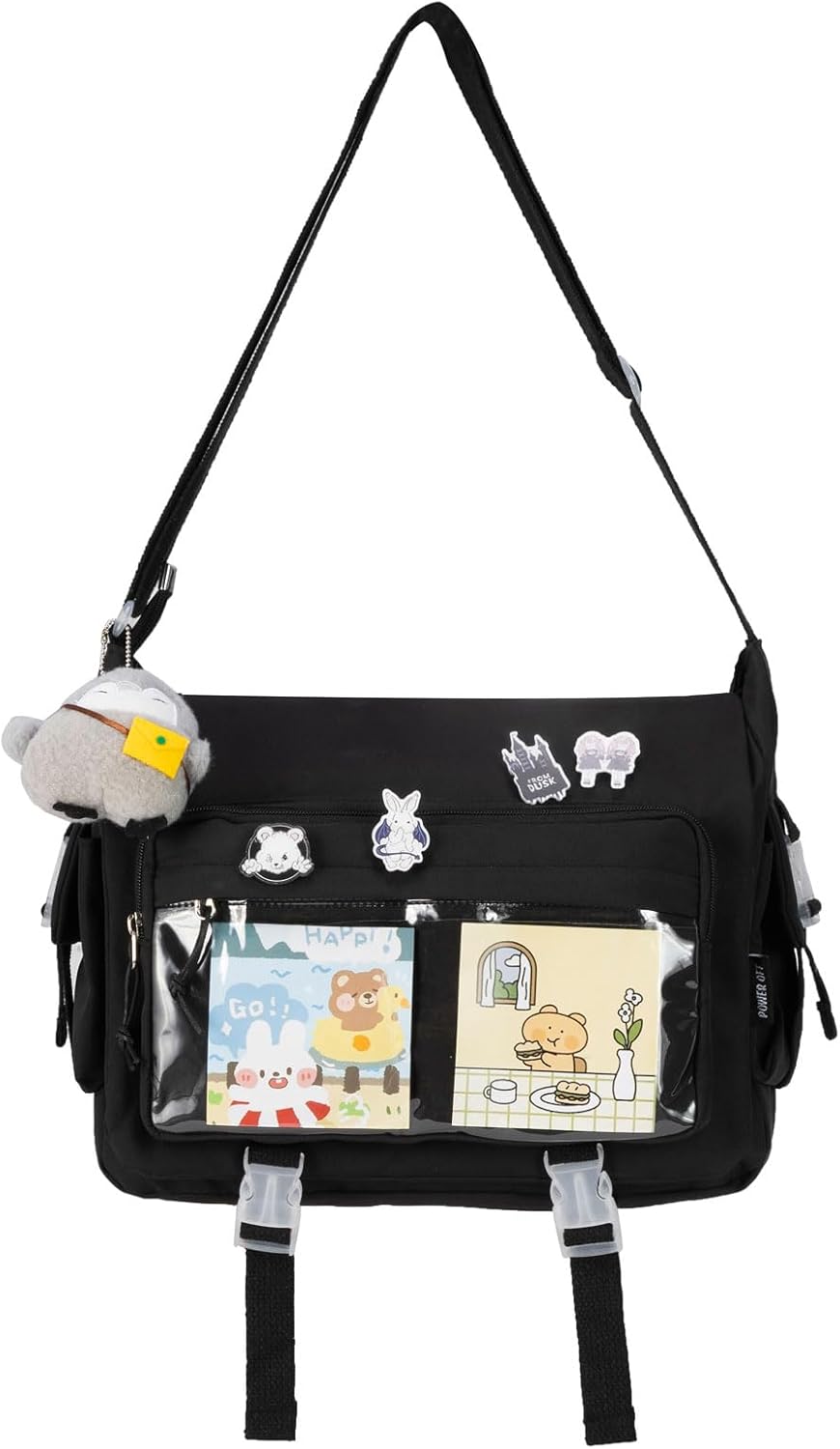 Kawaii Crossbody Ita Bag for Women with Pin and Plush Penguin, Cute Messenger Bag Japanese Crossbody Bag Y2K Purse