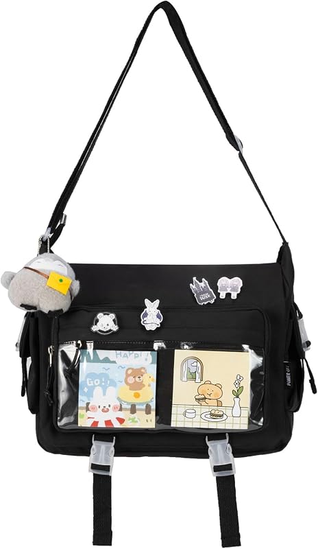 Kawaii Crossbody Ita Bag for Women with Pin and Plush Penguin, Cute Messenger Bag Japanese Crossbody Bag Y2K Purse