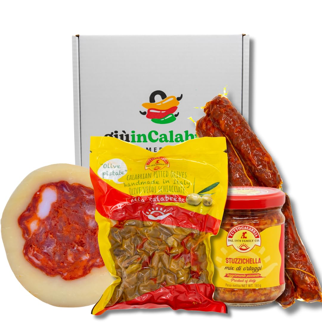 Box Cadeau Apéritif: Stuzzichella, Olives Écrasées, Sop Provola, Saucisse - Explorez les Authentiques Délices Calabrais pour des Moments de Convivialité - Saveurs Méditerranéennes