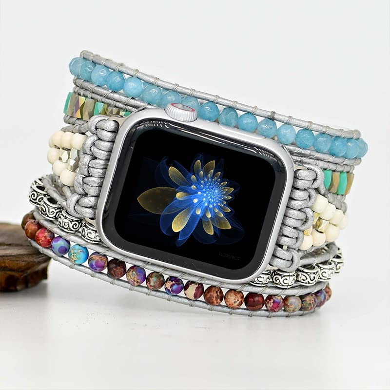 CHARMINGO Boho kralenarmband compatibel met Apple Watch Band Vrouwen 42 mm 44 mm 45 mm 49 mm Serie 10 9 8 7 6 SE Ultra 2 - Handgemaakte Lederen Leuke Meerlaagse Wrap Apple Watch Band voor iWatch Band
