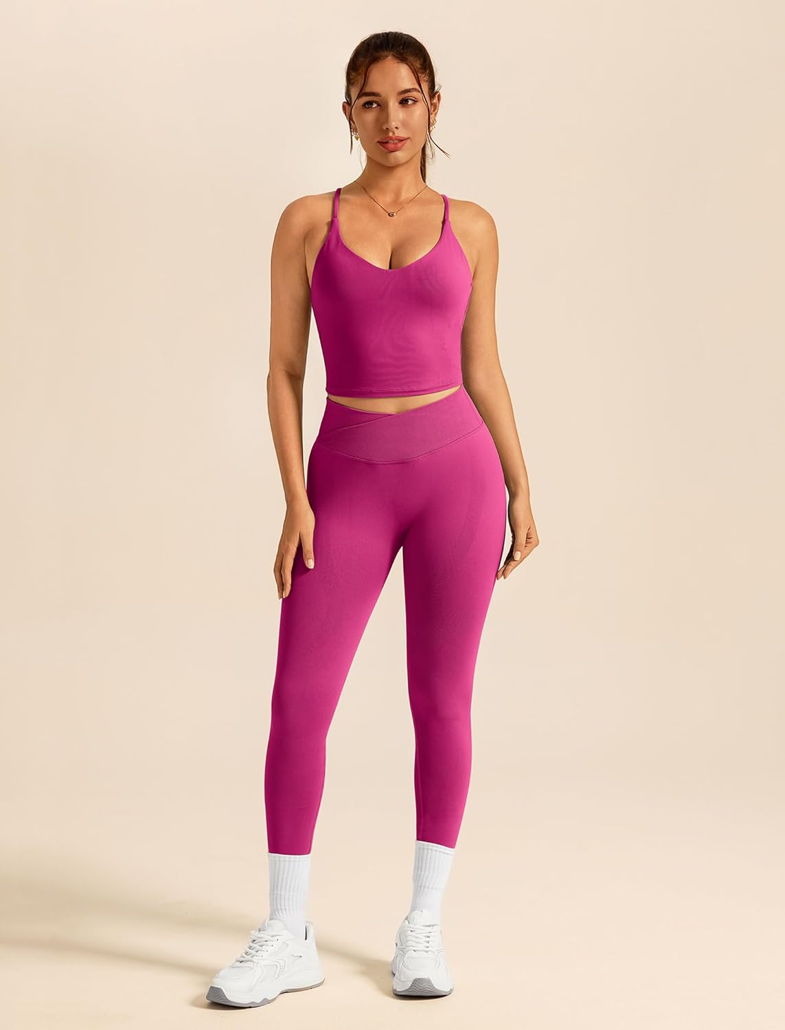 ABOCIW Womens Workout Sets 2 Piece Seamless Strappy Tank Top Crossover Waist Leggings Gym Sets Active Wear - Image 2