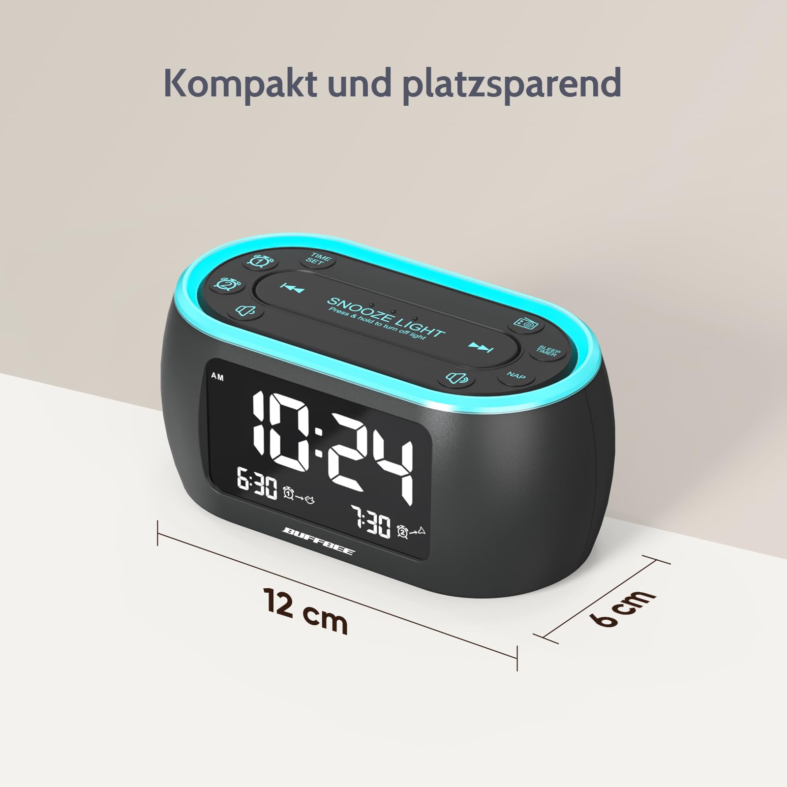 BUFFBEE Radiowecker mit Dualalarm und FM Radio, Digitaler Wecker mit 7 Farben Nachtlicht und 0-100% dimmbarem Display, 3 Wecktöne, für Schlafzimmer und Nachttisch